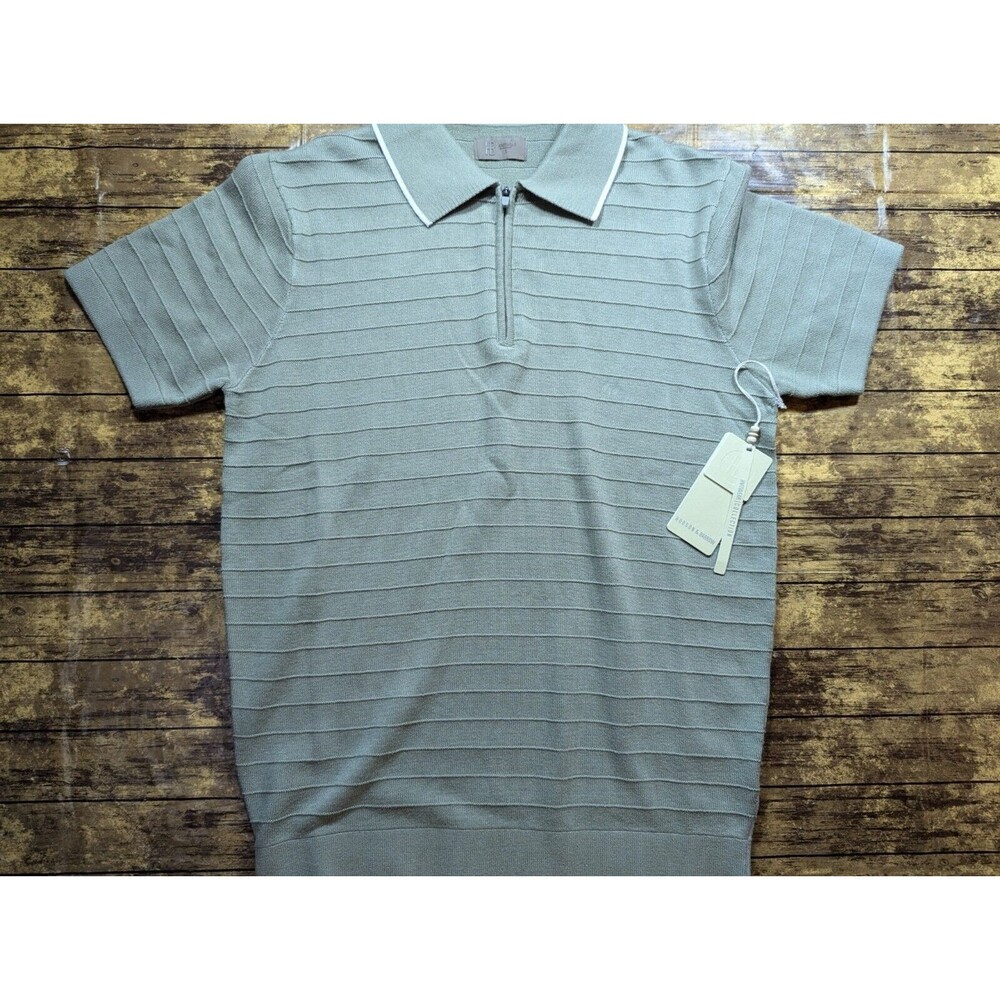 Hudson & Barrow 1/4 Zip Cotton Green Striped Knitwear Polo Men's Small